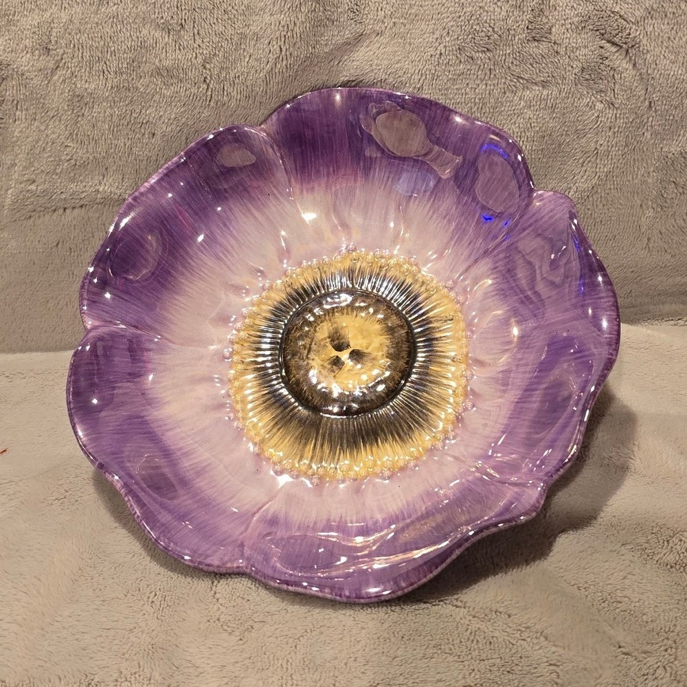 Purple Floral Ceramic Bowl Scalloped Flower Hand Painted Glossy Finish 7"